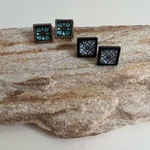 Classic Square Stud Earrings - Black and Silver Trendy Stud Earring Set